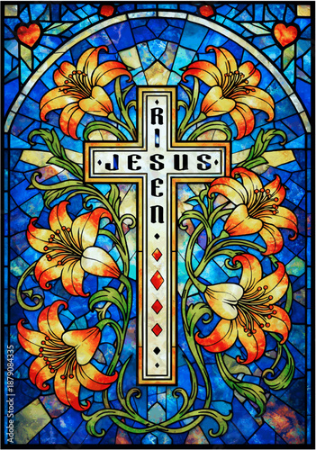Christian stained glass window with cross and lilies, religious Easter illustration for church decoration and spiritual celebration