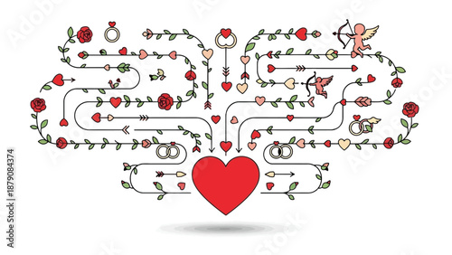 Valentine's Day decorative illustration with cupid, rings, roses and hearts love