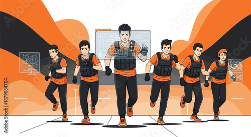 Futuristic security team running with digital interfaces and tactical vests dynamic pursuit