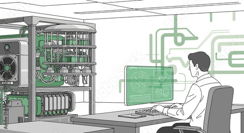 Futuristic technology interface with operator and advanced equipment digital illustration