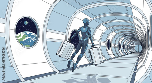 Futuristic traveler floating with luggage through a spacecraft station corridor view Earth