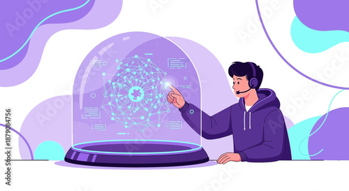 Futuristic virtual assistant interacting with digital sphere technology interface