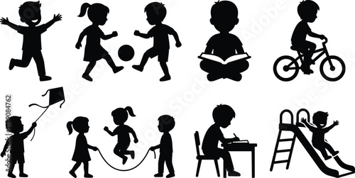 Vector Silhouette Set of Happy Children Playing, Studying, and Enjoying Outdoor Activities