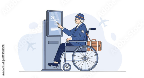 Accessible air travel illustration featuring a senior man using a self-service kiosk in a wheelchair