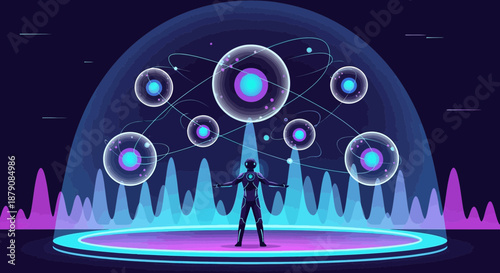 Advanced technological illustration of a person immersed in an atomic structure environment