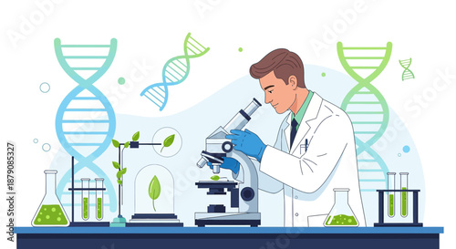 Botanical science exploration, researcher examines plant genetics under microscope in laboratory