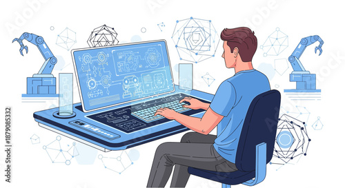 Automation engineer designing robotic systems interface with advanced virtual reality environment