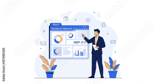 Business professional presenting automation policies with charts and data analytics visualization