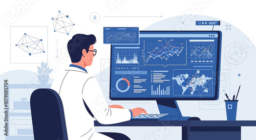 Data analytics professional analyzing complex visualizations and global trends on computer