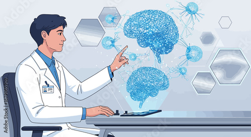 Doctor examining 3D brain model for neuroscience research and medical innovation in neural science