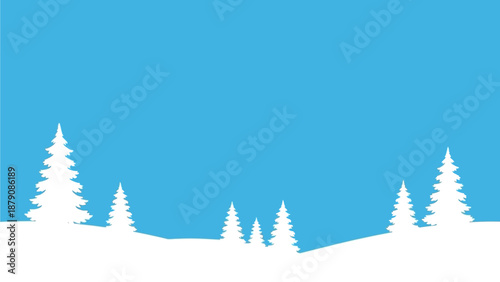 Winter landscape scene with snow-covered trees and hills, serene atmosphere, viewed from a distance in a calm environment