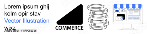 E-commerce, digital business, online shopping, payment systems, graphic design, brand identity. Digital storefront and coins. E-commerce and digital business