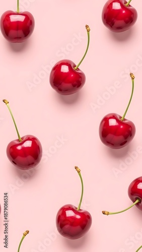 Fresh cherries arranged on a soft pink background creating a visually appealing pattern