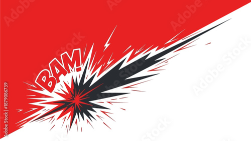 Dynamic Comic Book Style Explosion with Text 'BAM' in Red and Black on Divided Background