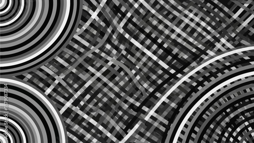 Geometric shapes intersecting with circular patterns in a monochromatic abstract design viewed from a straightforward perspective