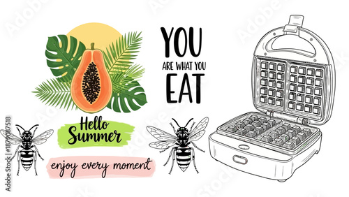 Vibrant summer illustration featuring papaya, bees, and waffle maker with inspirational quotes