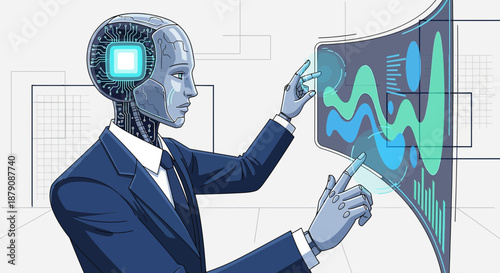 Robot executive analyzing market trends on advanced interface with digital touch control technology