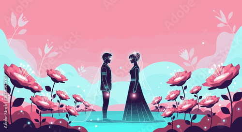 Romantic vector illustration of a newlywed couple surrounded by floral decorations in pink hues