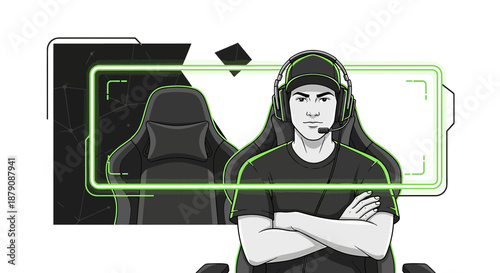 Serious gamer in his zone with crossed arms and headset radiating dedication and confidence