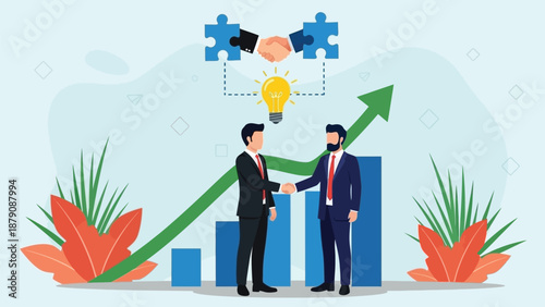 Business Partners Shake Hands Over Growth With Bar Charts, Rising Arrow, And Bright Idea Illustration