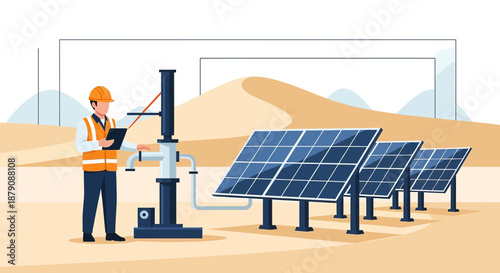 Technician inspects solar powered well pump in arid environment harnessing renewable energy