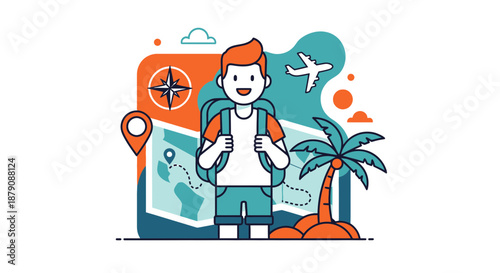 Traveler with backpack embarks on an adventure with compass map and tropical destination awaiting