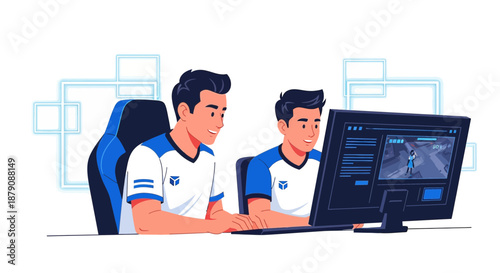 Two professional gamers team playing on personal computer with intense concentration and teamwork