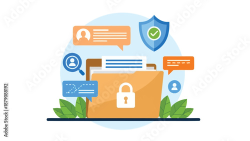 Secure Data: Folder With Lock, Shield And Messages Highlighting Privacy And Digital Security