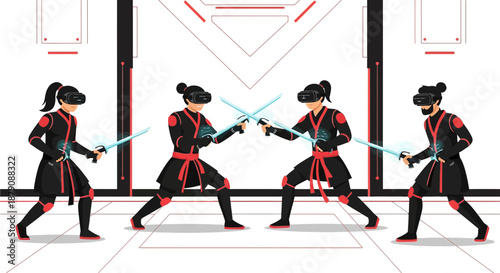 Virtual reality sword fighting tournament featuring futuristic ninja warriors in a digital arena
