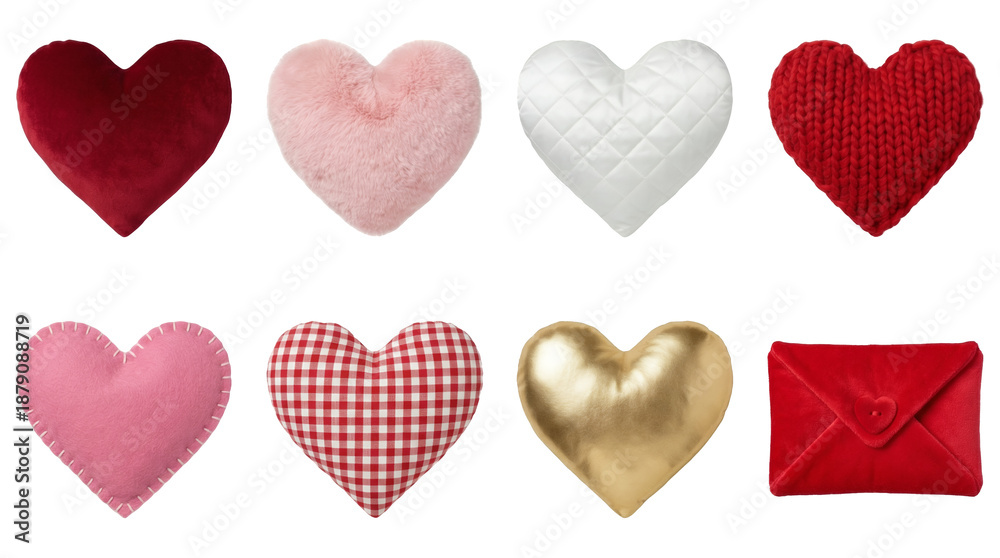 Naklejka premium Heart pillow set including velvet, faux fur, quilted, knit, felt, gingham, metallic, and envelope styles. Valentines day home decor and gift collection.