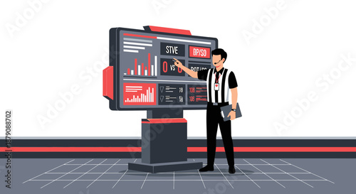 Digital strategy presentation with a sports analyst using data visualization tools for insights,