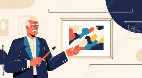 Elderly Artist Proudly Presents his Abstract Painting in a Minimalist Aesthetic Style