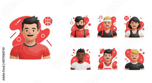 Diverse collection of 3D athletic avatars with dynamic red accents for sports and fitness themes