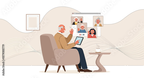 Elderly man enjoys a virtual gathering with family members on a tablet device from his home