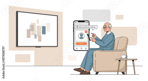 Elderly man using mobile app for pharmacy delivery service, showing digital healthcare convenience