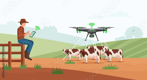 Farmer Utilizing a Drone for Smart Farming and Cattle Monitoring in a Modern Agricultural Landscape