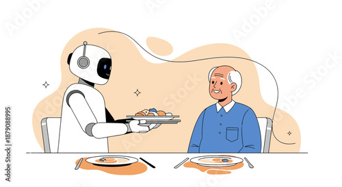 Futuristic assistance depicted as a robot providing a meal to a senior citizen