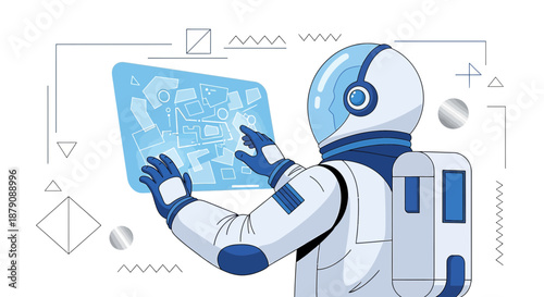 Futuristic astronaut interacting with a digital interface for advanced space mission control