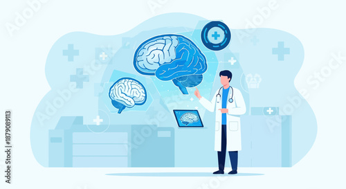 Illustration of a doctor examining brain scans using technology for diagnosis treatment