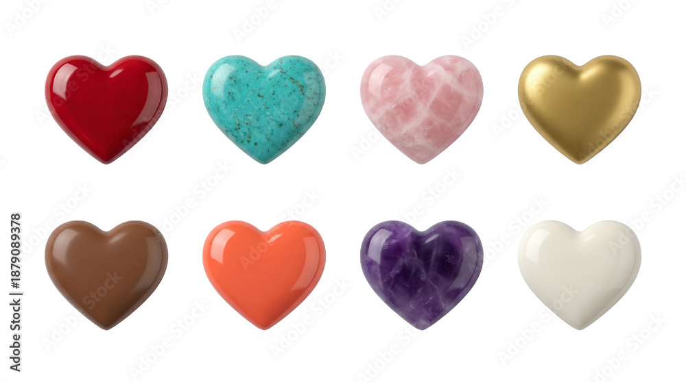 Obraz premium Polished heart set including gold, amethyst, turquoise, rose quartz, chocolate, and red glossy surfaces isolated. Valentine's Day decoration and romantic design elements.