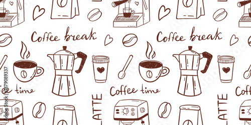 Vector seamless coffee break pattern with moka pot, espresso cup, coffee bean, takeaway cup, lettering on white background. Cozy cafe doodle texture for packaging, wallpaper, and kitchen decor design.