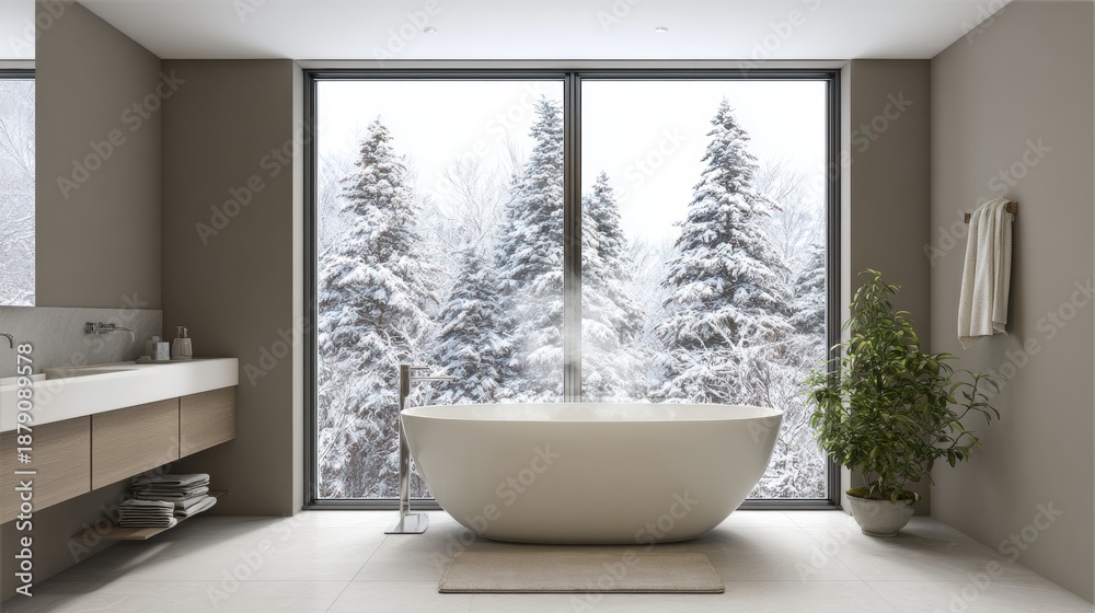 Fototapeta premium Modern light-filled bathroom with bathtub and winter forest view. Clean interior design, neutral tones, wellness and relaxation concept. New Year reset, mindful lifestyle and fresh start