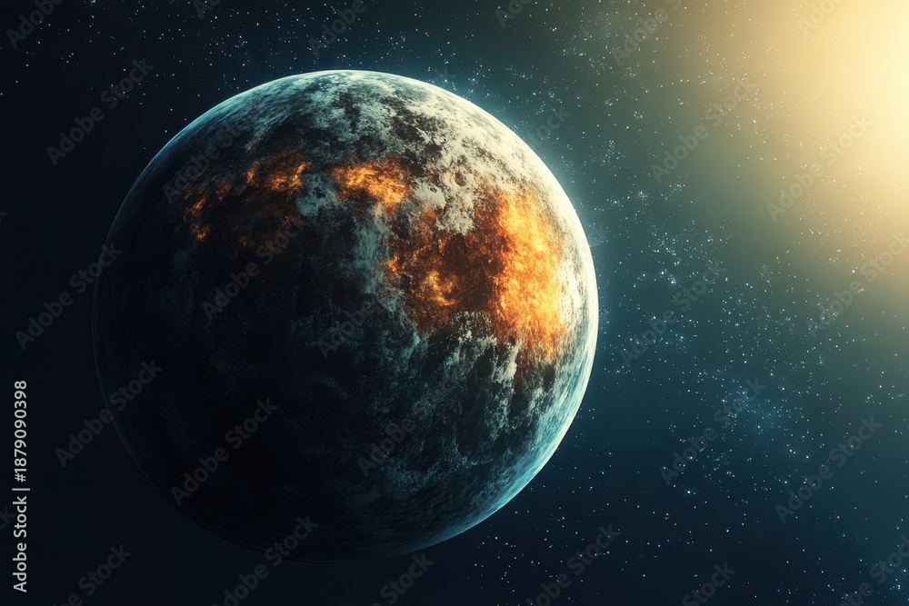 Fototapeta premium Planet engulfed in flames orbiting a distant star in a cosmic landscape