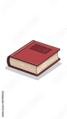 Red hardcover book illustration in a simple cartoon style, a cozy desk scene.
