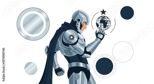 Futuristic defender controlling global technology networks through advanced interface with