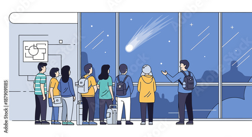 Group of tourists looking at a comet in a museum and listening to the guide explanation