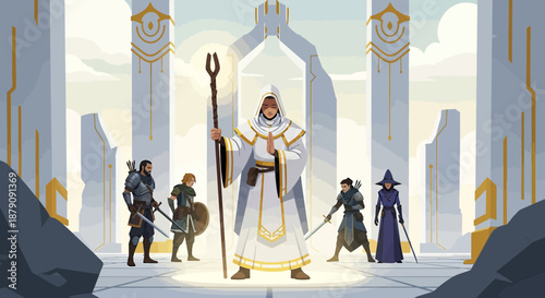 Illustrative fantasy adventure with a robed leader and diverse warrior companions against white