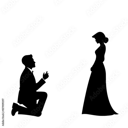 Romantic silhouette of a man on one knee proposing marriage to a woman, symbolizing love and commitment