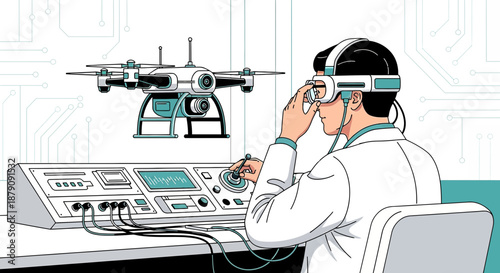 Innovation showcase: Engineer in lab coat testing drone with VR headset and control panel