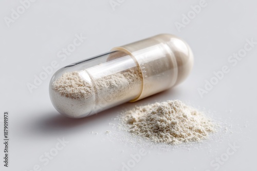 A transparent capsule filled with white powder rests on a white surface next to a small pile of loose powder